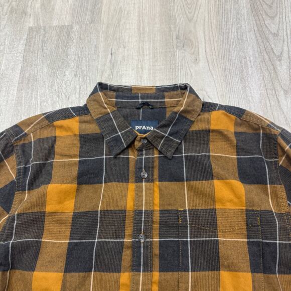 Prana Plaid Los Feliz Flannel Shirt Men's Large Long Sleeve Organic Blend Orange - Picture 1 of 9